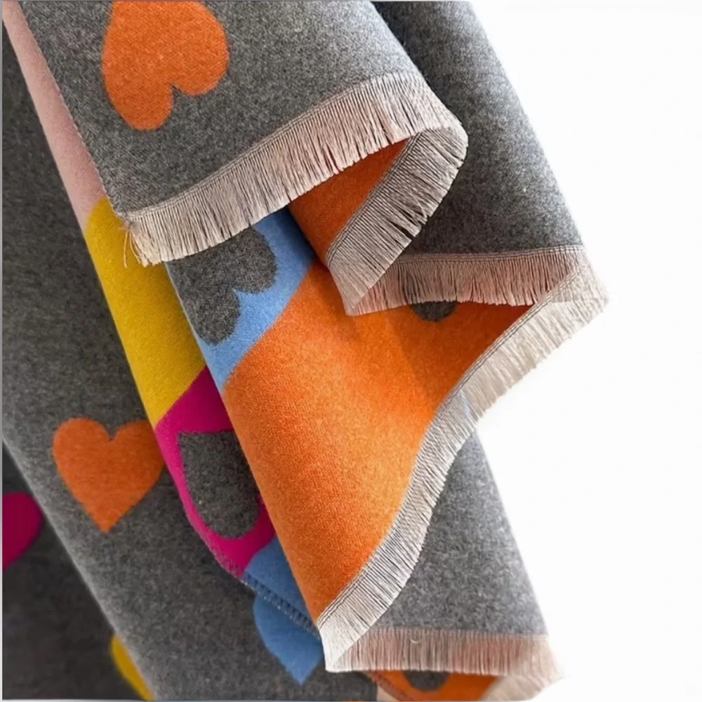 Colorful Heart Pattern Scarf With Fringe New